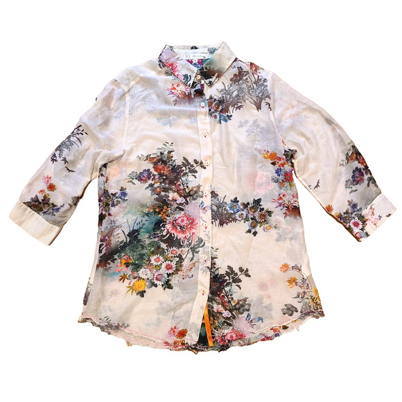 Johnny Was 3J Workshop Blouse Silk Blend Button Up Raw Hem Womens S - Picture 1 of 6